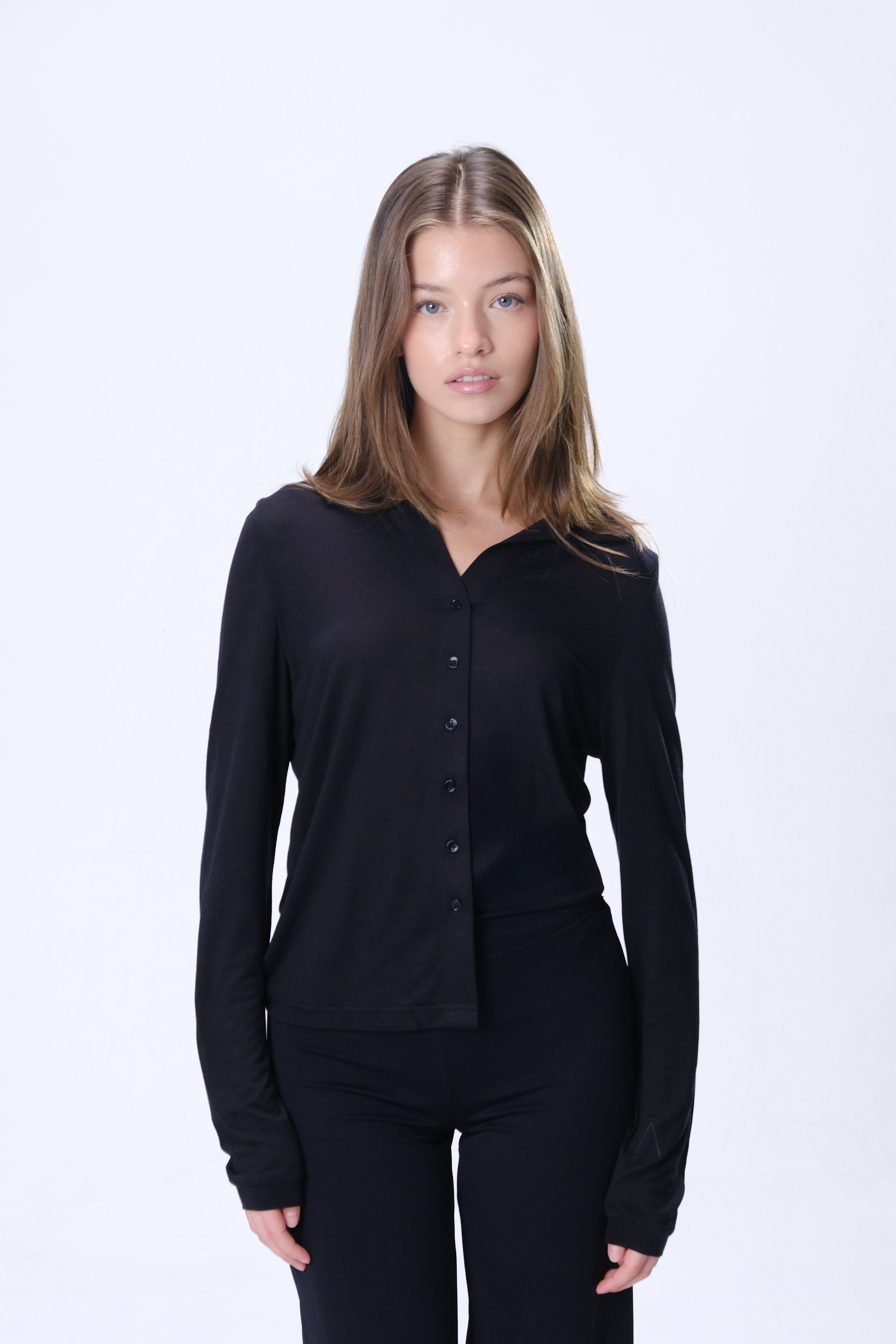 Ā-SOFT™ Silk Jersey Blouse Button Front Lamor Couture Iron Black