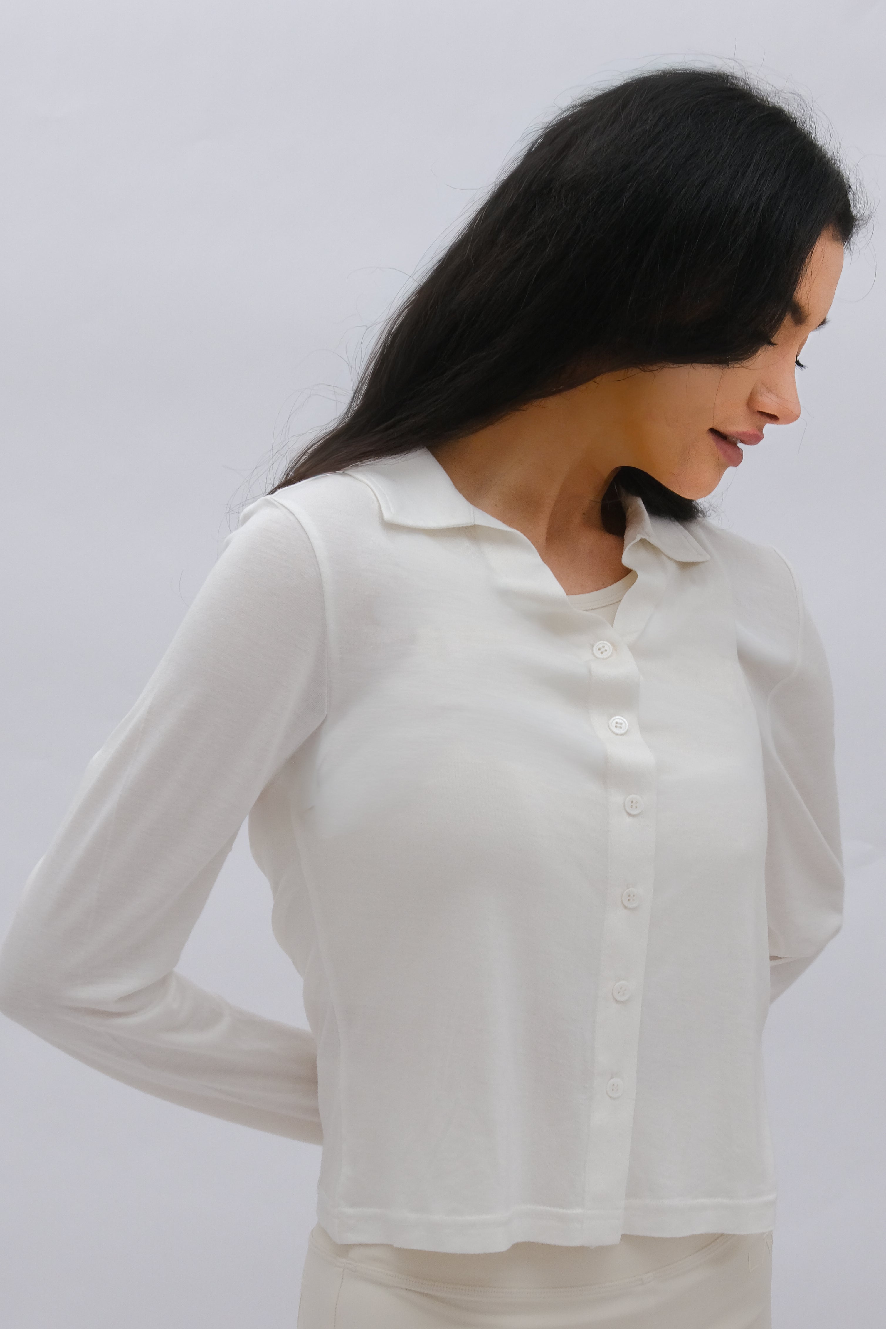 Ā-SOFT™ Silk Jersey Blouse Button Front Lamor Couture Soft Cream