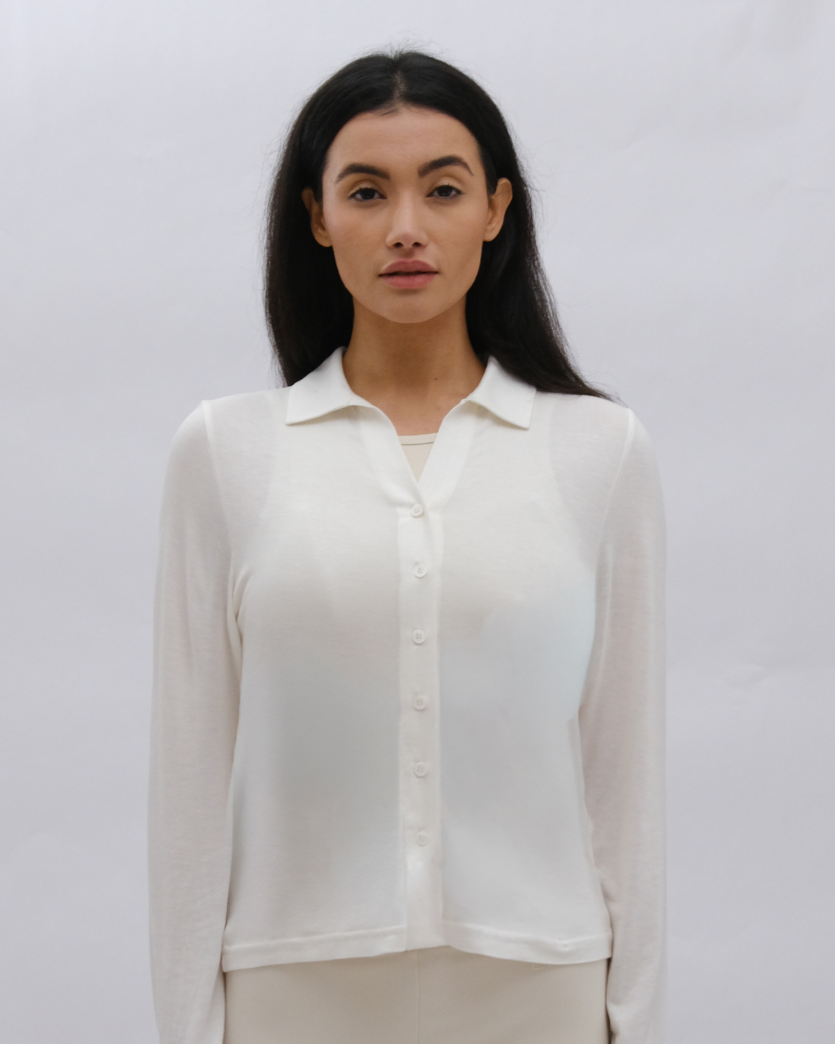Silk Jersey Blouse Button Front Lamor Couture Soft Cream