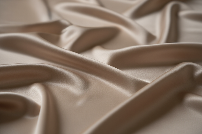 silky viscose-silk blend fabric close-up, subtle sheen, elegant soft drape, champagne nude tones, quiet luxury lighting